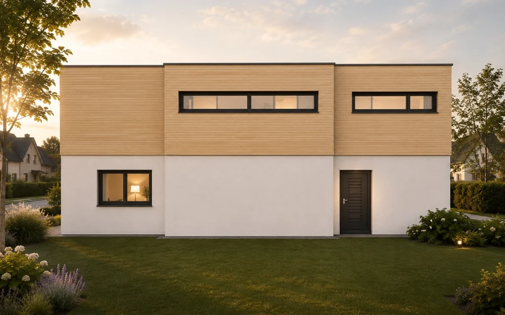 Eingangsbereich des Atriums mit geradliniger Architektur und Flachdach.