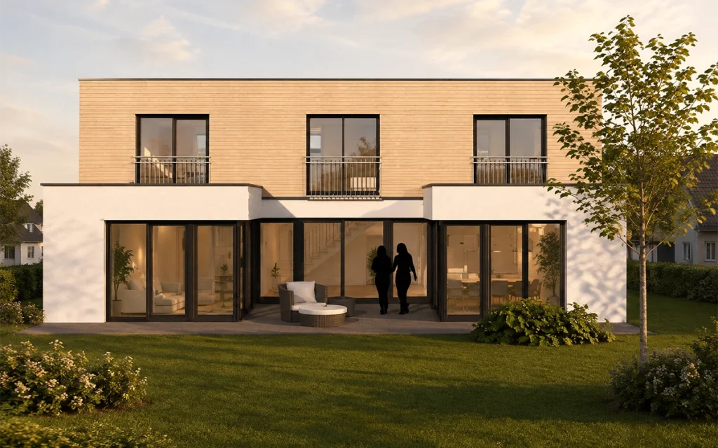 Terrassenansicht des Atriums mit offenem Wohnkonzept und modernem Außenbereich.