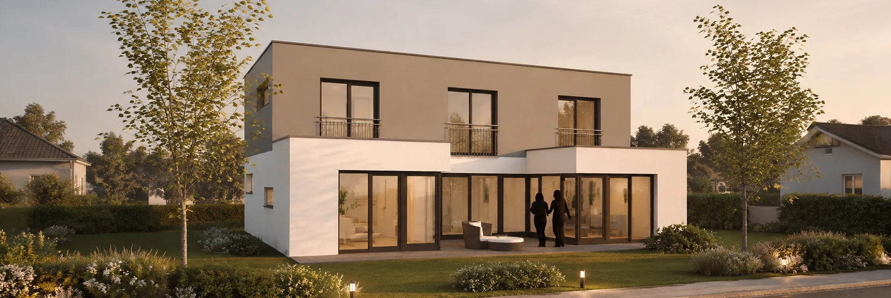 Atrium mit modernem Flachdach, großzügigen Fensterflächen und geschütztem Innenhof.