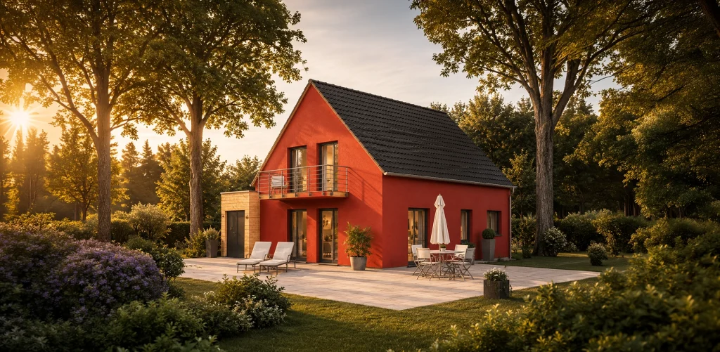 Einfamilienhaus mit Satteldach, Balkon und großzügiger Terrassenanlage.
