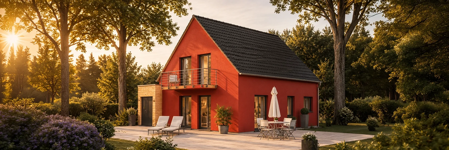 Einfamilienhaus mit Satteldach, Balkon und großzügiger Terrassenanlage.