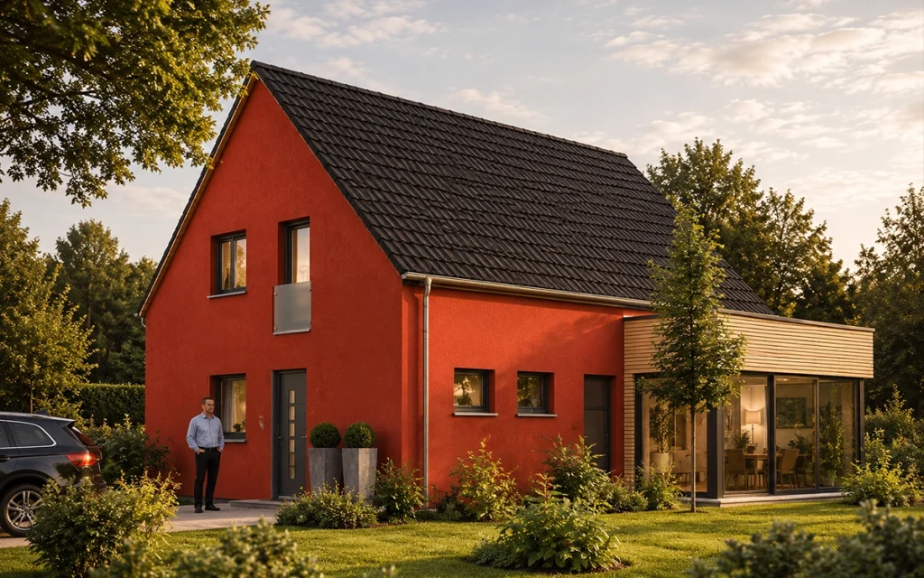 Modernes Satteldachhaus mit eingeschossigem Anbau und großflächiger Verglasung.