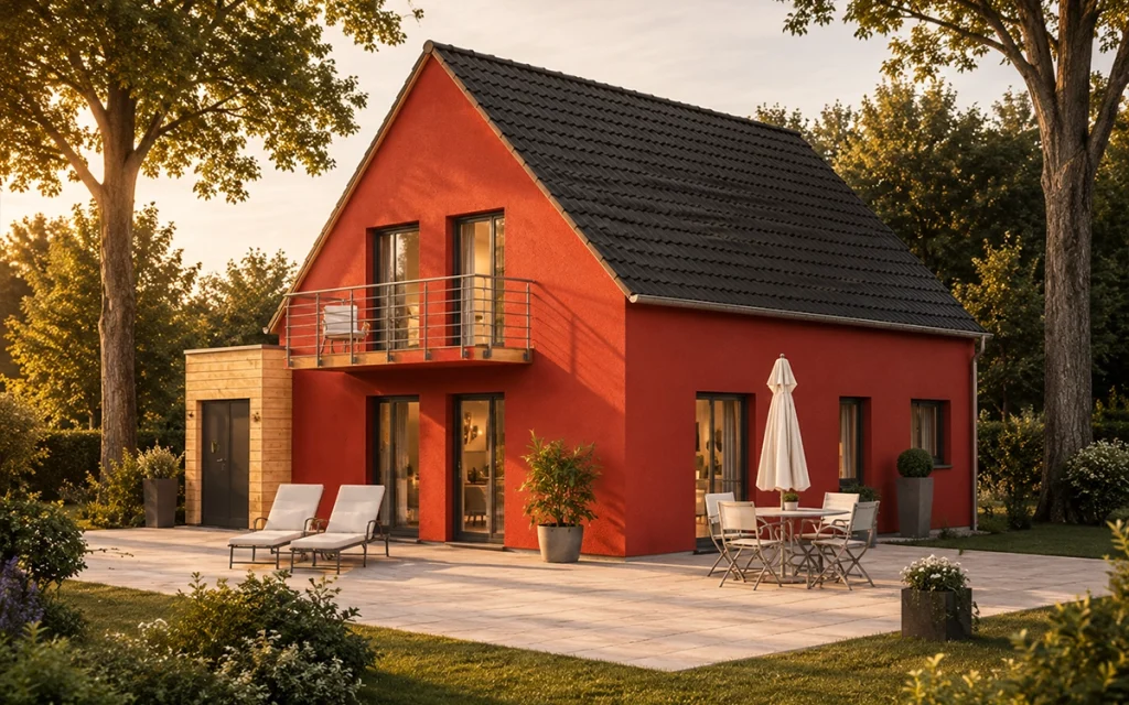 Einfamilienhaus mit Satteldach, Balkon und großzügiger Terrasse mit direktem Gartenzugang.