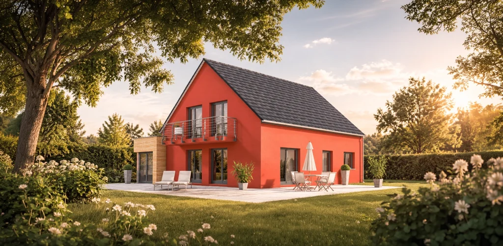 Perspektivansicht des Hauses Avezzano mit klassischem Satteldach, Balkon, großzügiger Terrasse und markanter roter Putzfassade in idyllischer Gartenlandschaft.