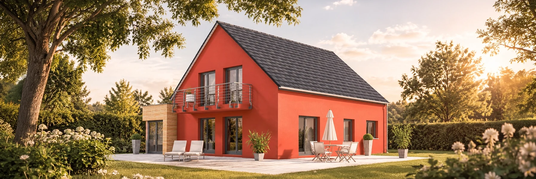 Perspektivansicht des Hauses Avezzano mit klassischem Satteldach, Balkon, großzügiger Terrasse und markanter roter Putzfassade in idyllischer Gartenlandschaft.