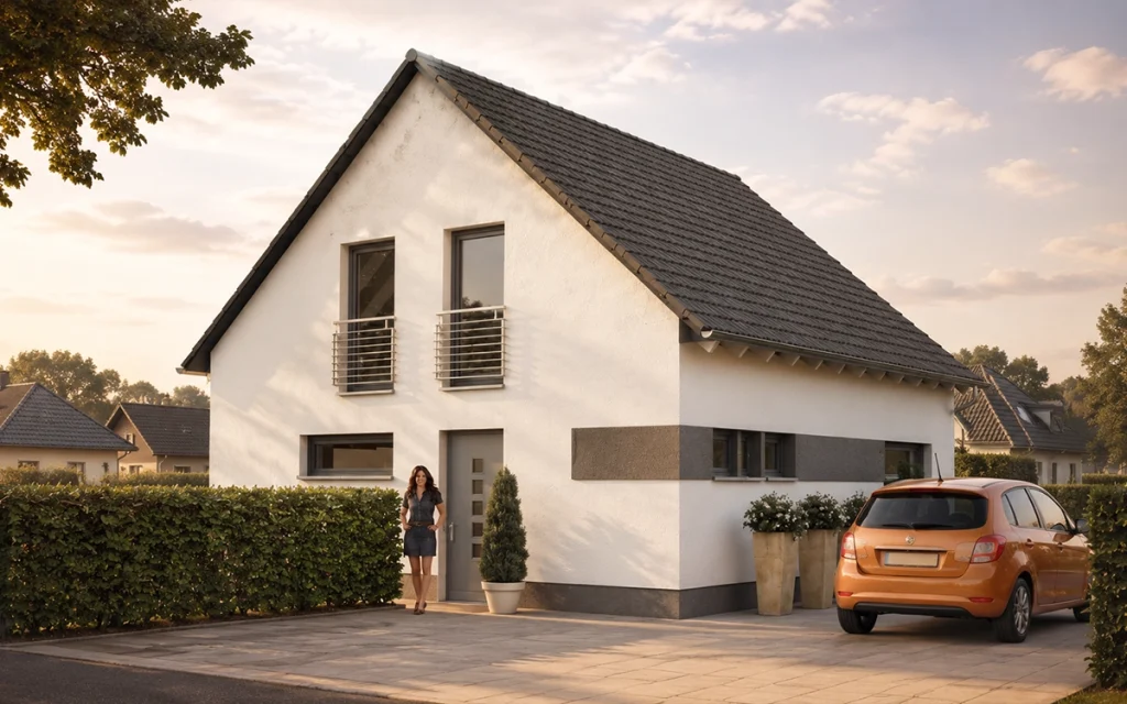 Zeitgemäßes Satteldachhaus mit klarer Fassadenstruktur und dezenten Balkonbrüstungen.