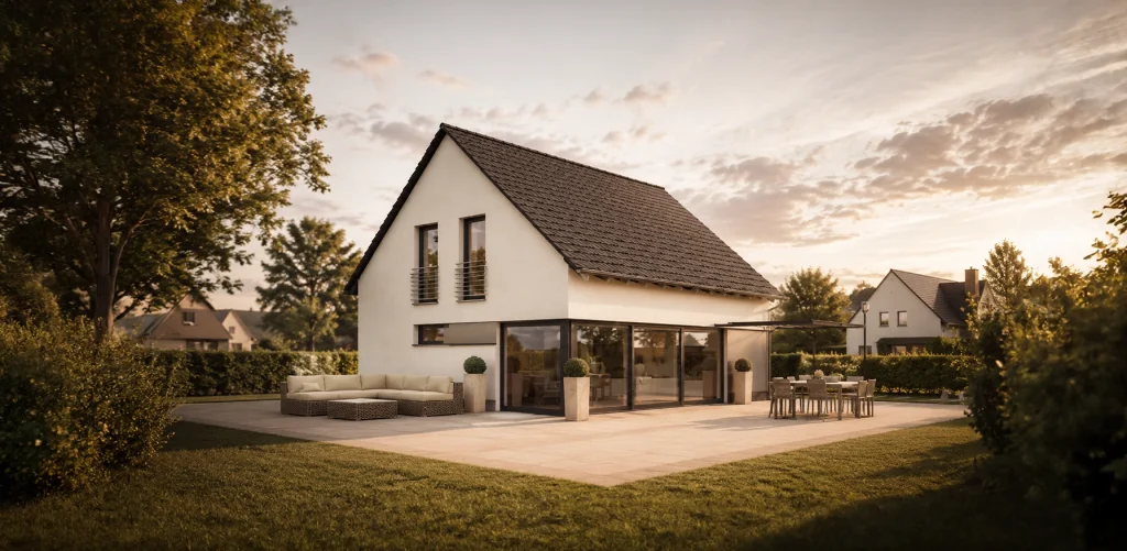Modernes Einfamilienhaus mit Satteldach, großflächiger Verglasung und weitläufiger Terrasse.