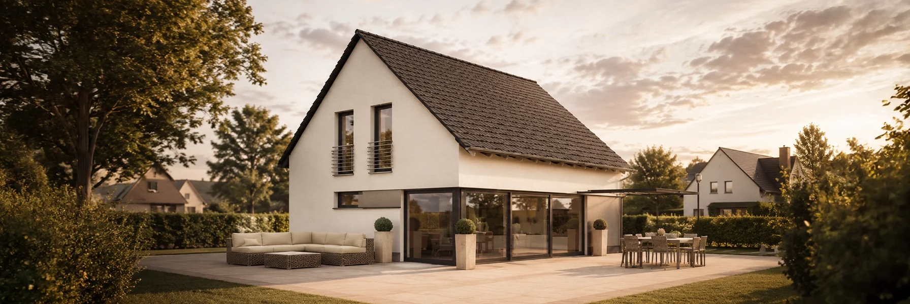 Modernes Einfamilienhaus mit Satteldach, großflächiger Verglasung und weitläufiger Terrasse.