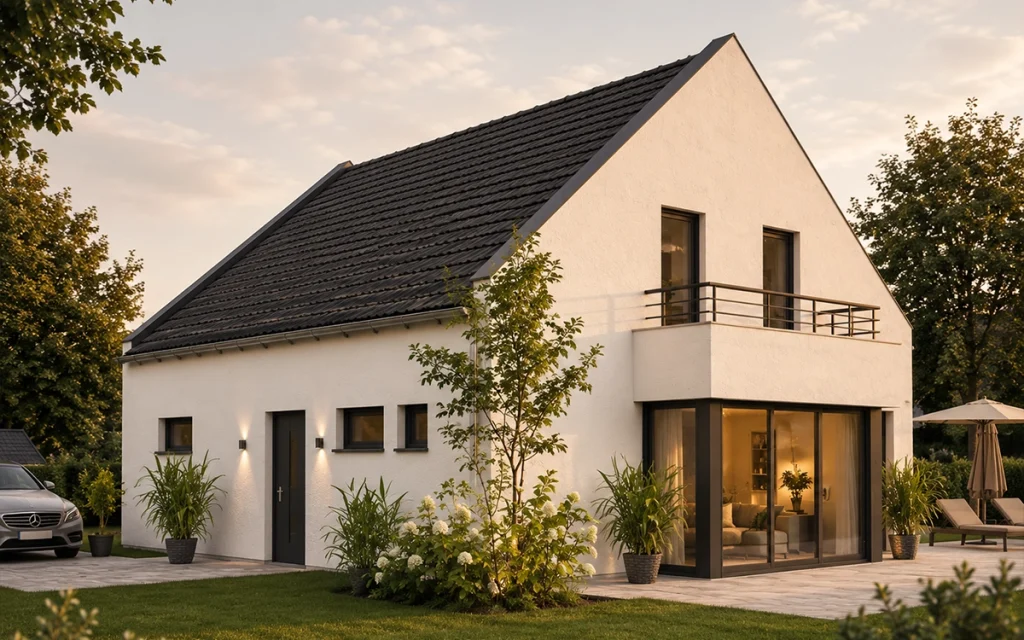 Zeitgemäßes Satteldachhaus mit Balkon, bodentiefen Fenstern und klarer Architektur.
