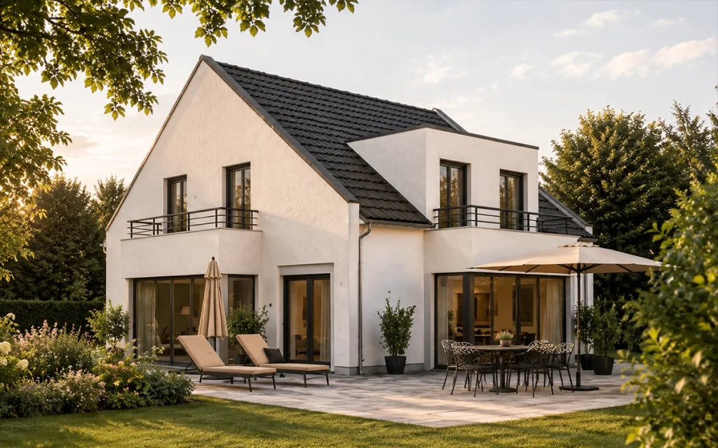 Einfamilienhaus mit klassischem Satteldach, Dachgauben und offenem Wohnkonzept zum Garten.