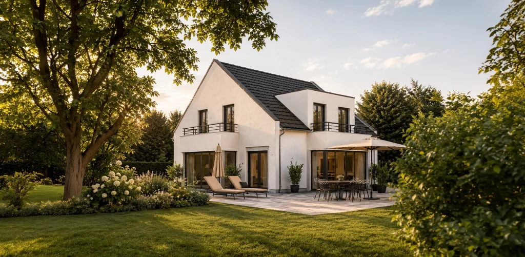 Modernes Einfamilienhaus mit Satteldach, Dachgauben und großzügiger Terrassengestaltung.