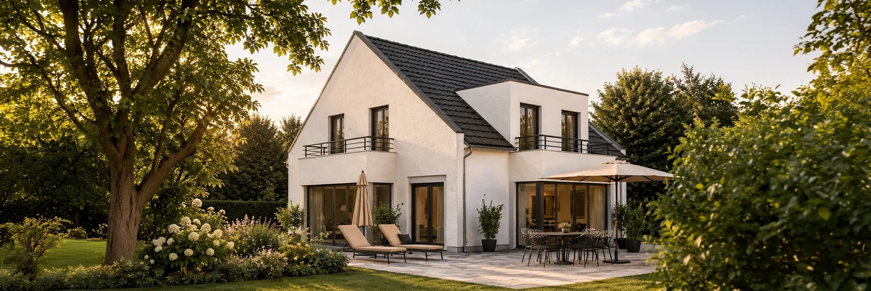 Modernes Einfamilienhaus mit Satteldach, Dachgauben und großzügiger Terrassengestaltung.