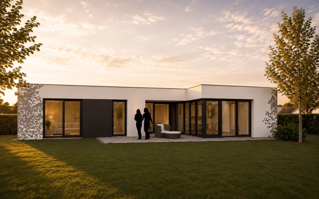 Terrassenansicht des Bungalows mit geschütztem Innenhof und offenem Wohnbereich.