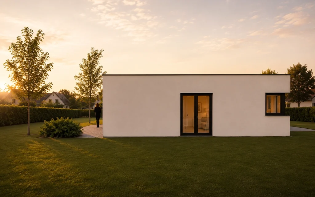 Seitenansicht des Bungalows mit klarer Architektur und bodentiefen Fenstern.