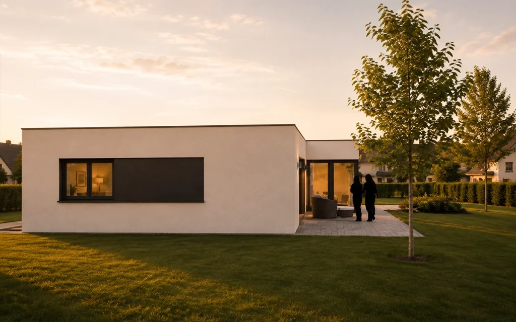 Gartenansicht des Bungalows mit moderner Flachdacharchitektur und Terrasse.