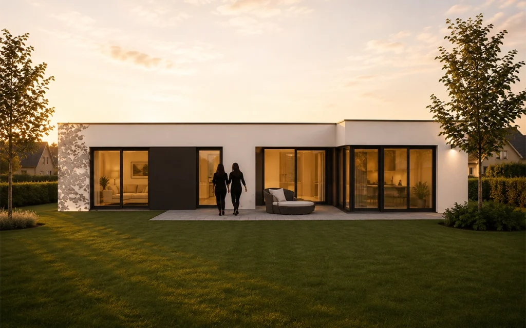 Rückansicht des Bungalows mit geschützter Terrasse und großzügiger Verglasung.