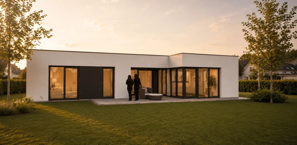 Moderner Bungalow mit Flachdach, geschützter Terrasse und großzügigen Fensterflächen.