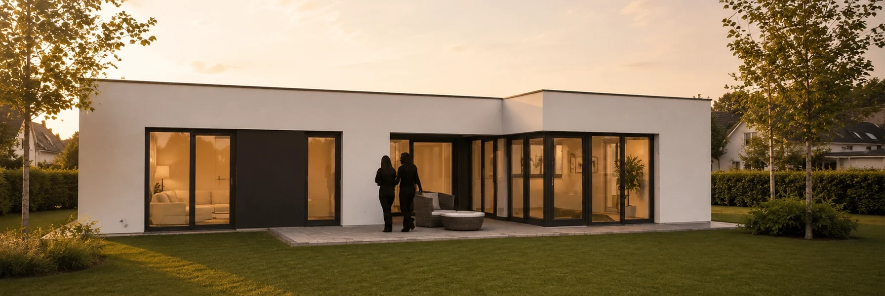 Moderner Bungalow mit Flachdach, geschützter Terrasse und großzügigen Fensterflächen.