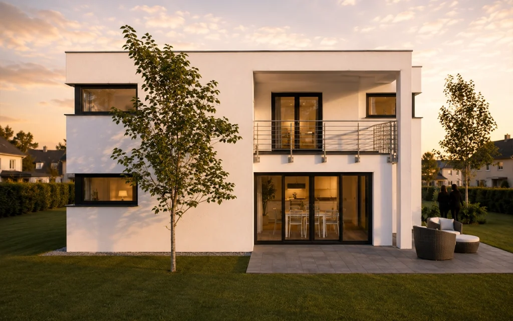 Terrassenansicht des Cubus mit überdachtem Balkon und großzügigen Fensterflächen.