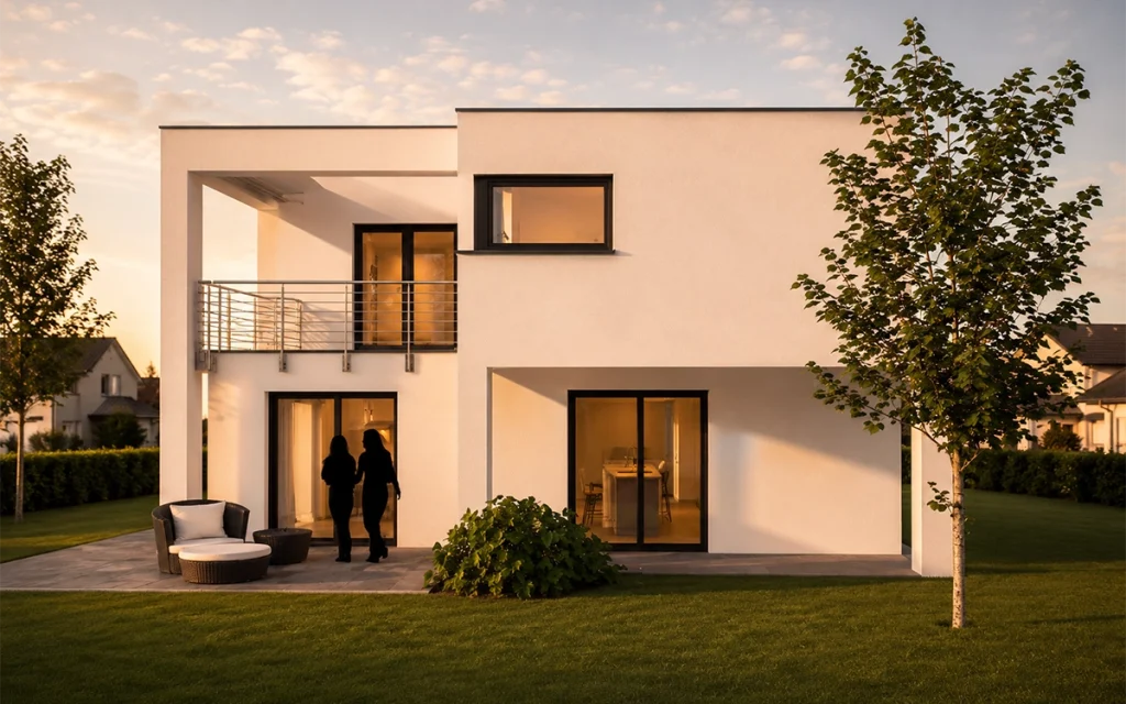 Rückansicht des Cubus mit überdachter Terrasse und moderner Architektur.