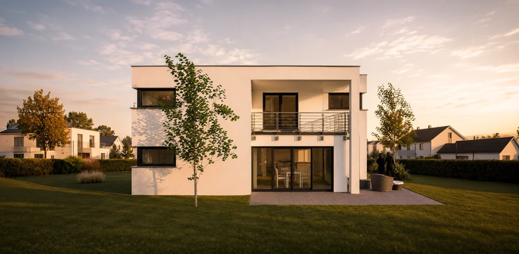 Cubus mit Flachdach, überdachter Terrasse und moderner Kubusarchitektur.