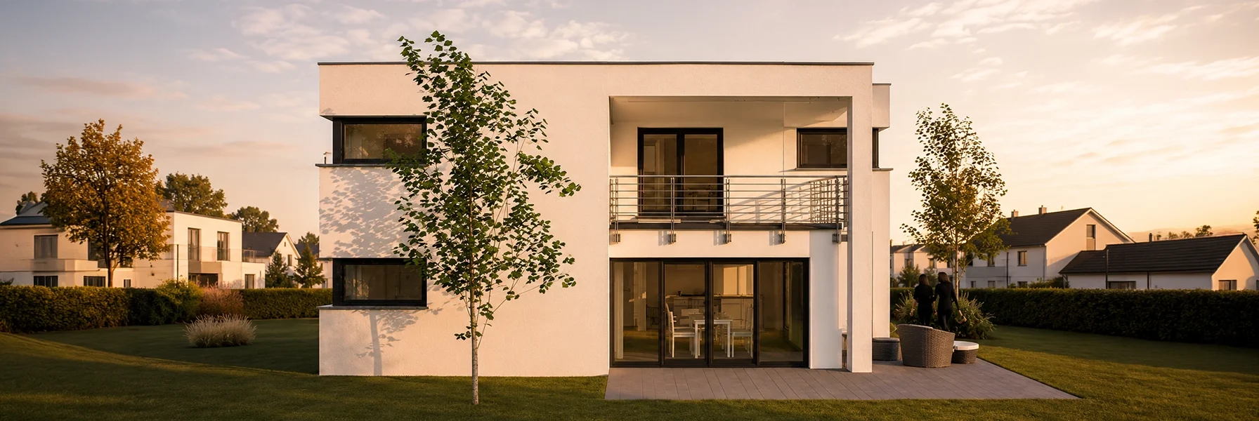 Cubus mit Flachdach, überdachter Terrasse und moderner Kubusarchitektur.