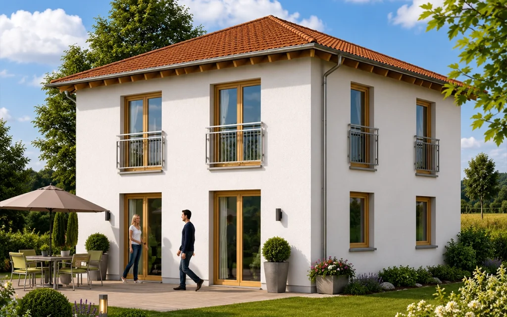 Modernes Einfamilienhaus mit Walmdach, bodentiefen Fenstern und symmetrischer Fassadenstruktur.
