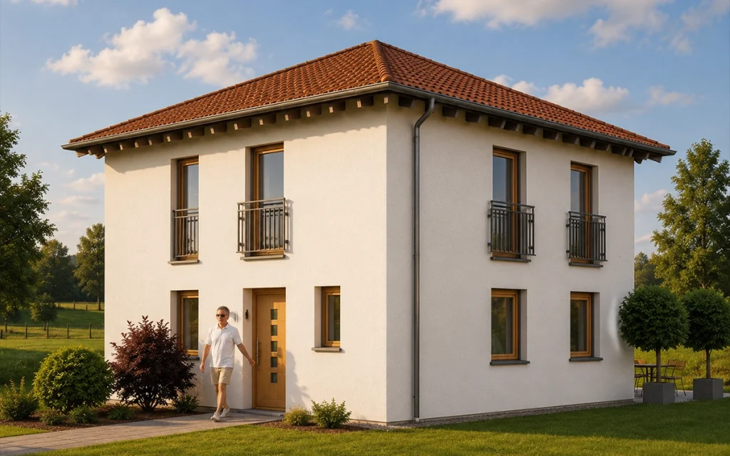 Zeitgemäße Stadtvilla mit Walmdach, französischen Balkonen und geradliniger Architektur.