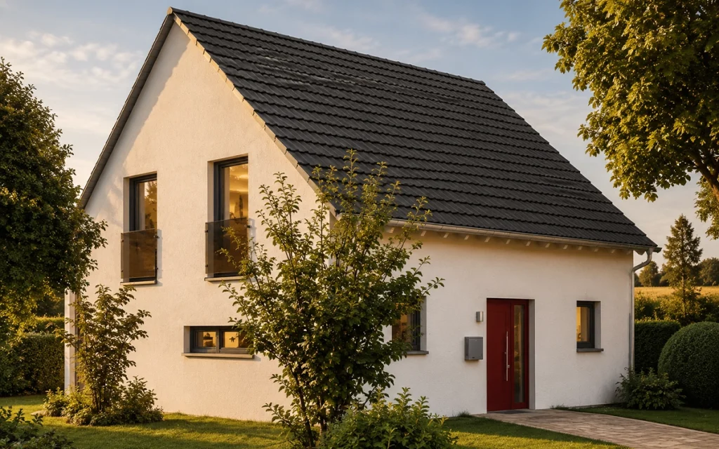 Zeitgemäßes Satteldachhaus mit klarer Fassadengestaltung und dezenten französischen Balkonen.