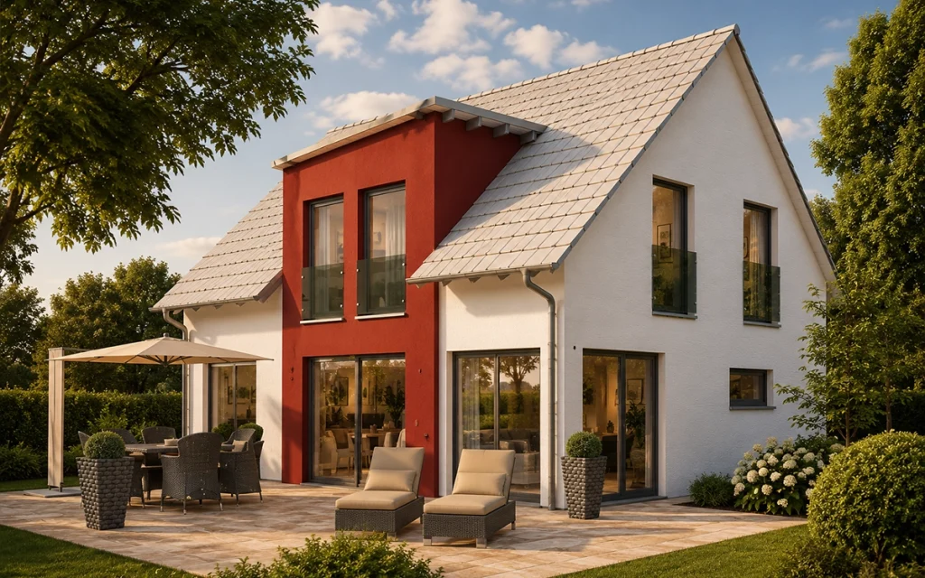 Einfamilienhaus mit Satteldach, bodentiefen Fenstern und offenem Übergang zum Garten.