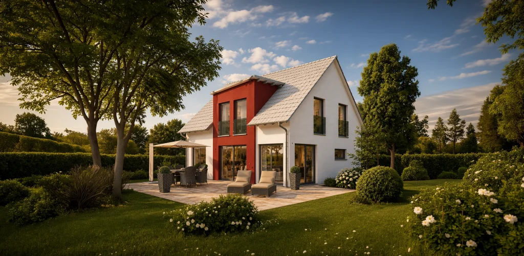 Modernes Einfamilienhaus mit Satteldach, markantem Fassadenakzent und großzügiger Terrasse.