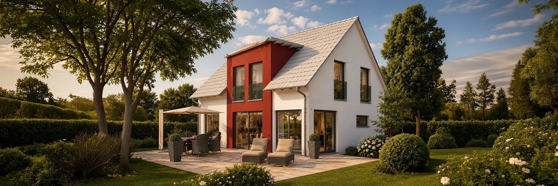 Modernes Einfamilienhaus mit Satteldach, markantem Fassadenakzent und großzügiger Terrasse.
