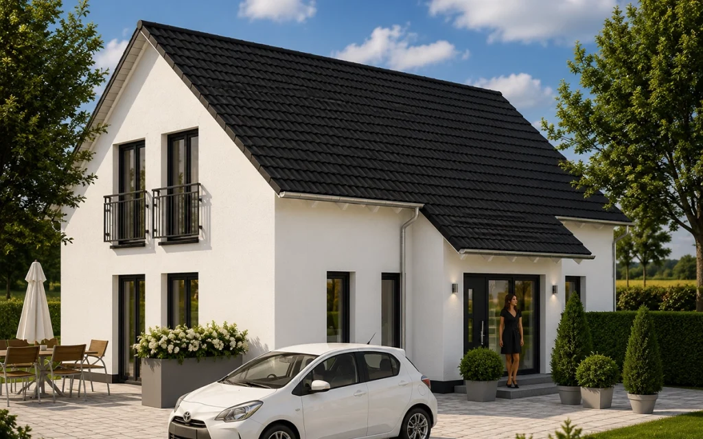Einfamilienhaus mit klassischem Satteldach, klarer Fassadengestaltung und überdachtem Eingangsbereich.