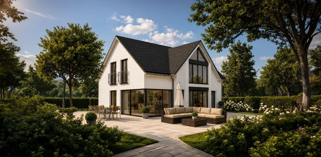 Modernes Einfamilienhaus mit Satteldach, großzügiger Verglasung und weitläufiger Terrassenfläche.