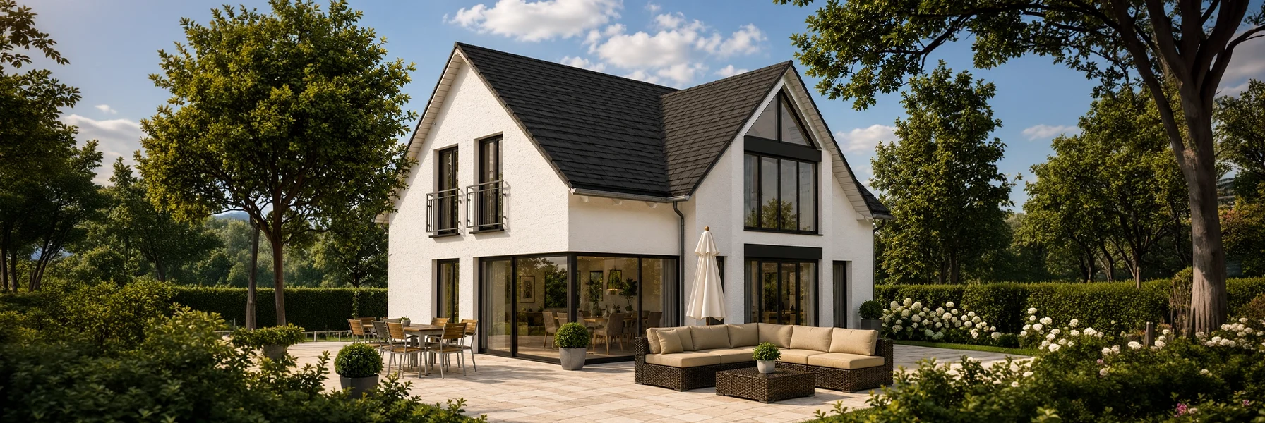 Modernes Einfamilienhaus mit Satteldach, großzügiger Verglasung und weitläufiger Terrassenfläche.