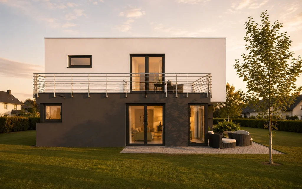 Terrassenansicht des Generationenhauses mit umlaufendem Balkon und großzügigen Fensterflächen.