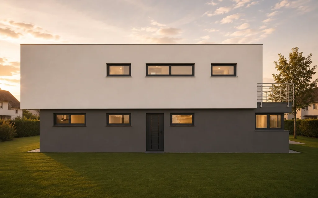 Eingangsbereich des Generationenhauses mit klarer Architektur und Flachdach.