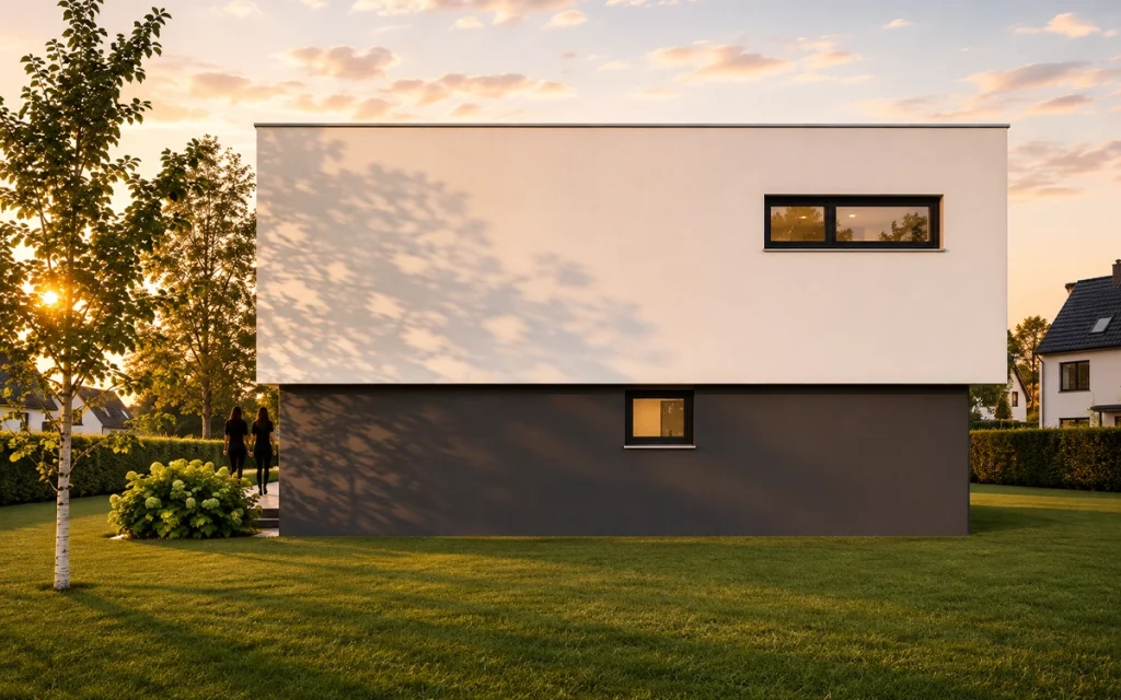 Seitenansicht des Generationenhauses mit moderner Kubusarchitektur und schmalen Fensterbändern.
