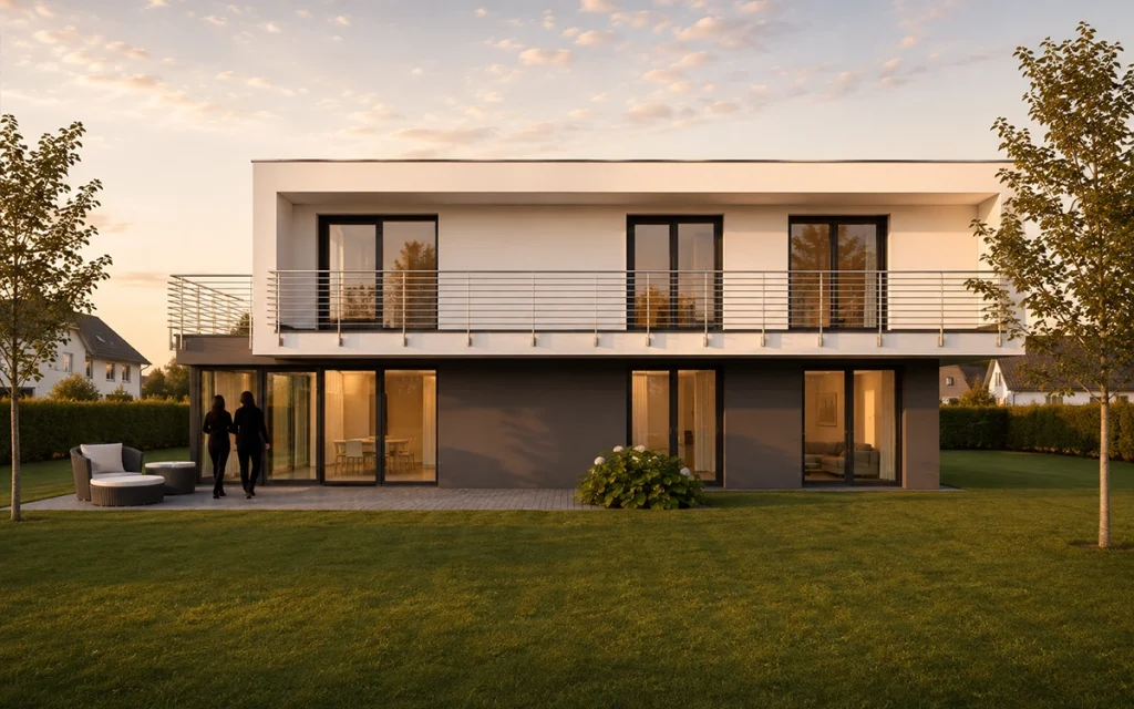 Rückansicht des Generationenhauses mit umlaufendem Balkon und großzügiger Verglasung.