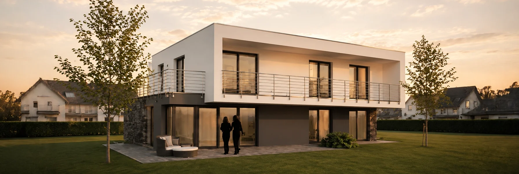 Generationenhaus mit Flachdach, umlaufendem Balkon und moderner Architektur.