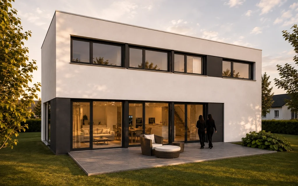 Terrassenansicht des Loft-Hauses mit offener Wohnfassade und großzügiger Verglasung.