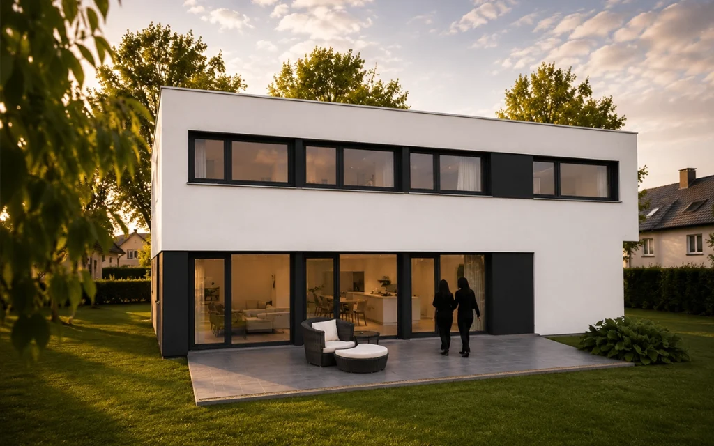 Gartenansicht des Loft-Hauses mit klarer Kubusarchitektur und weitläufiger Terrasse.