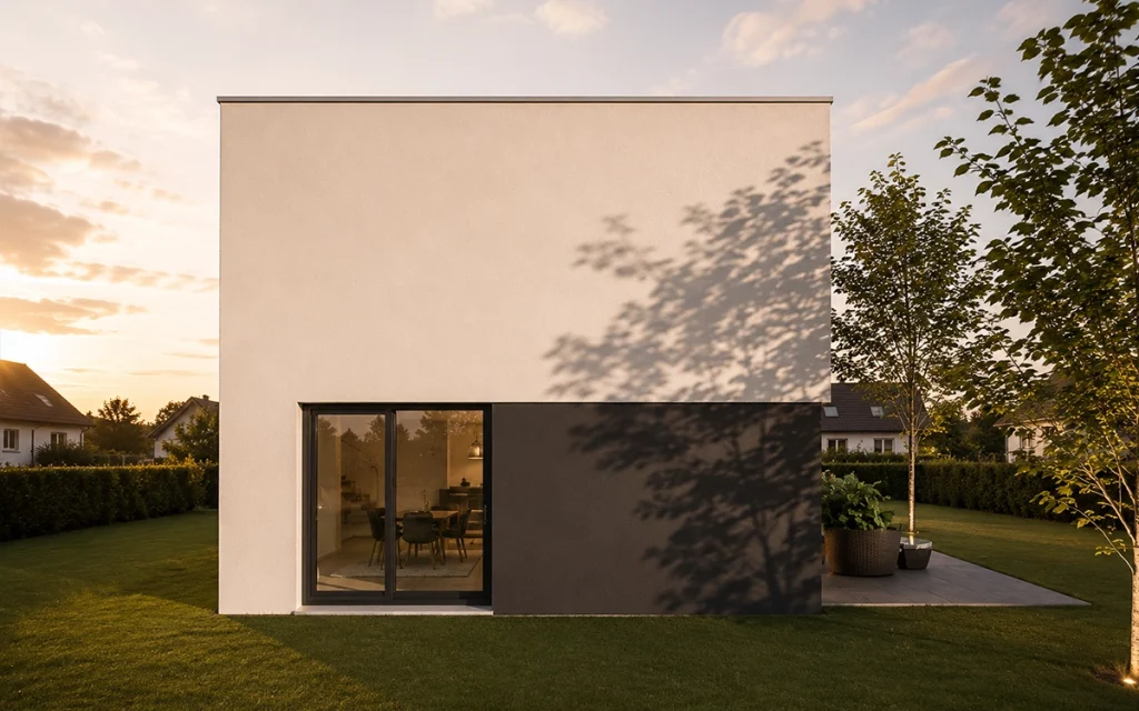 Seitenansicht des Loft-Hauses mit minimalistischer Flachdacharchitektur und großem Fenster.