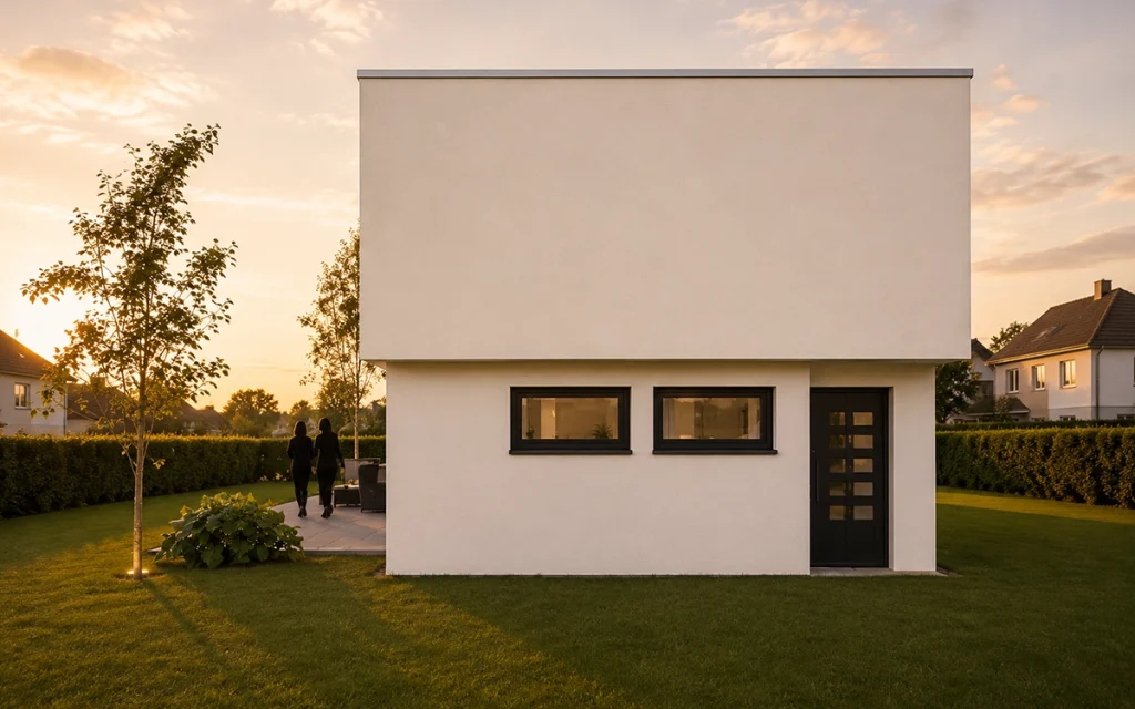 Eingangsansicht des Loft-Hauses mit klar gestalteter Fassade und modernem Hauseingang.