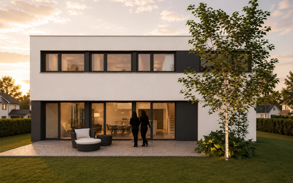 Rückansicht des Loft-Hauses mit bodentiefen Fensterfronten und großzügiger Terrasse.