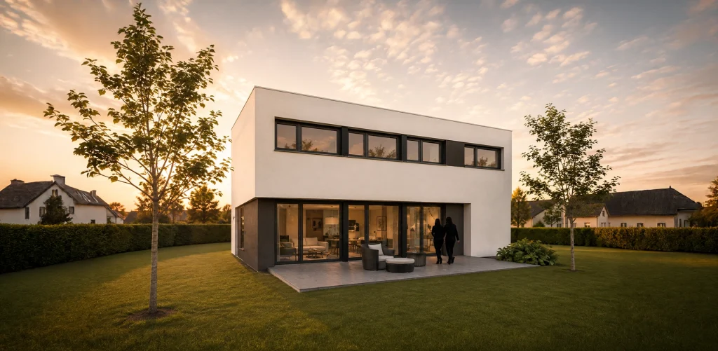 Perspektivansicht des modernen Loft-Hauses mit Flachdach, großzügiger Terrasse und bodentiefen Fensterflächen.