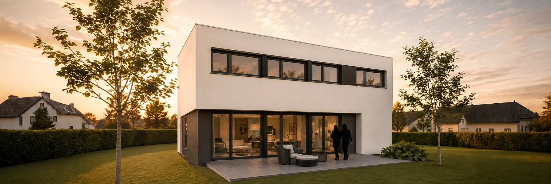 Perspektivansicht des modernen Loft-Hauses mit Flachdach, großzügiger Terrasse und bodentiefen Fensterflächen.