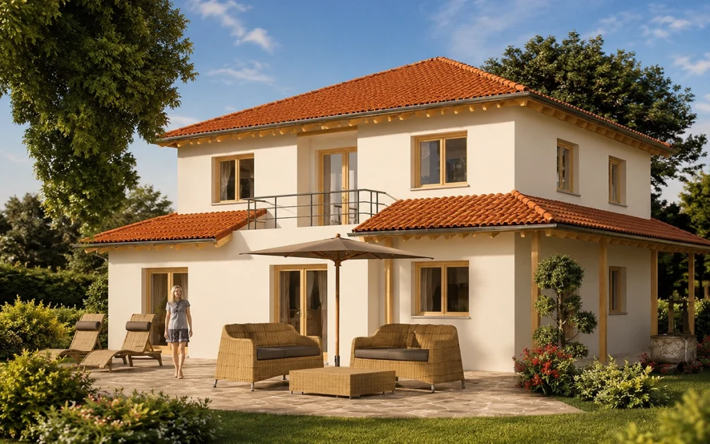 Zeitloses Einfamilienhaus mit klassischer Architektur, überdachter Terrasse und Balkon. Die großzügigen Grünflächen, stilvolle Außenmöblierung und das natürliche Umfeld vermitteln Wohnkomfort und Lebensqualität im Grünen.