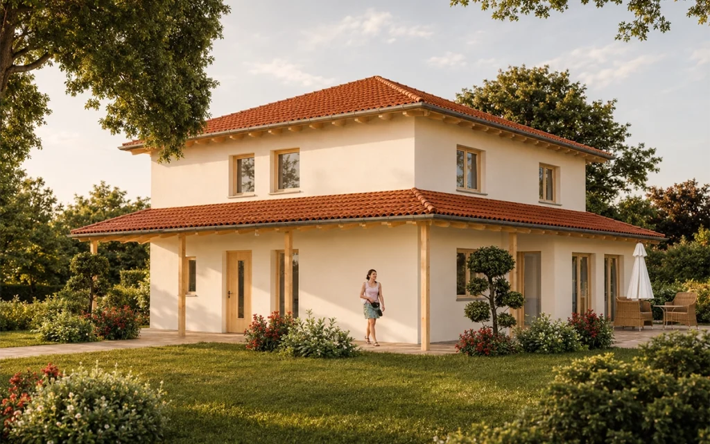 Elegantes Einfamilienhaus mit rotem Walmdach, umlaufender Überdachung und liebevoll angelegten Blumenbeeten. Die harmonische Fassadengestaltung und der gepflegte Garten sorgen für einen einladenden und hochwertigen Gesamteindruck.