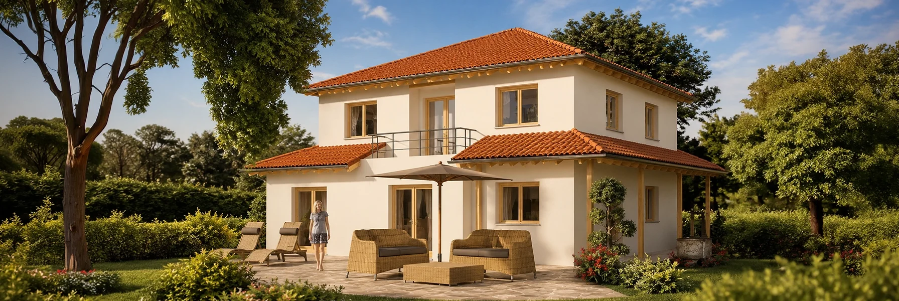 Mediterran inspiriertes Einfamilienhaus mit hellem Putz, rotem Walmdach und großzügiger Sonnenterrasse. Die gepflegte Gartenanlage, hochwertige Outdoor-Möbel und die offene Gestaltung schaffen eine warme und familienfreundliche Wohnatmosphäre.